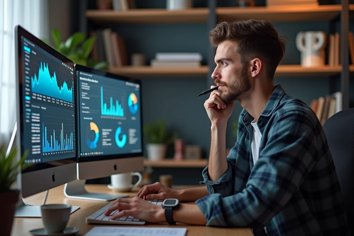 Jeune homme analysant ses statistiques d'affiliation et de contenu en ligne sur un bureau avec double écran