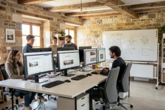 Équipe d'une agence web moderne dans le Vaucluse collaborant autour de maquettes de sites internet
