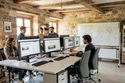 Équipe d'une agence web moderne dans le Vaucluse collaborant autour de maquettes de sites internet