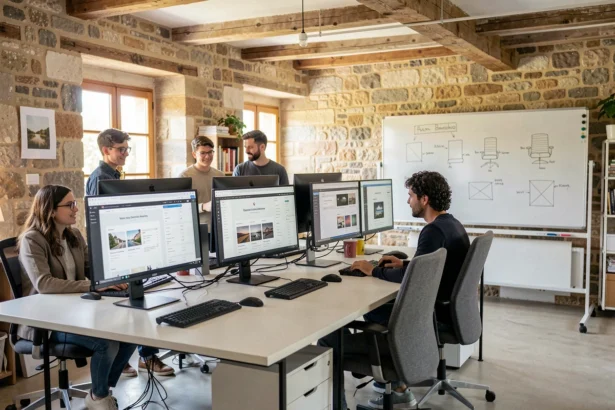Équipe d'une agence web moderne dans le Vaucluse collaborant autour de maquettes de sites internet