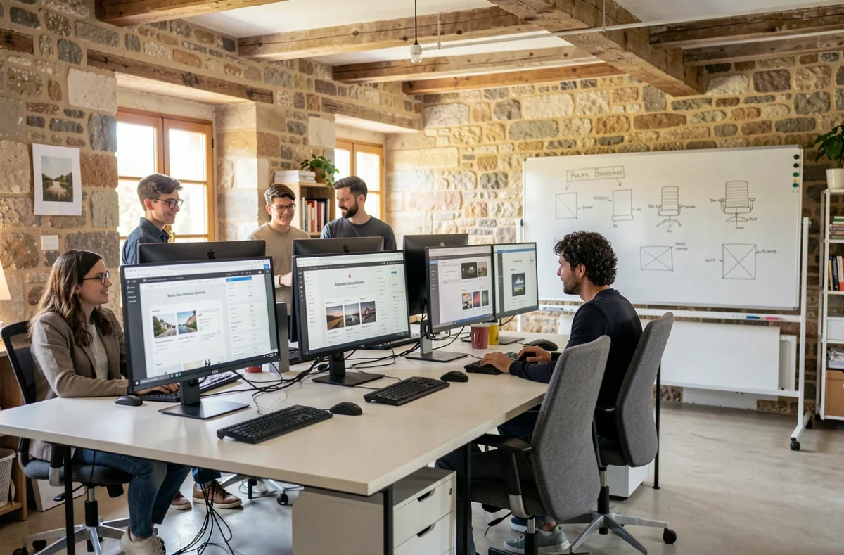 Équipe d'une agence web moderne dans le Vaucluse collaborant autour de maquettes de sites internet