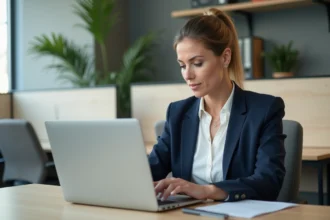 Agent La Poste connectée à la Box RH sur son ordinateur portable dans un bureau moderne