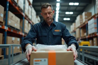 Agent logistique Mondial Relay emballant un colis fragile avec soin dans un entrepôt de tri sécurisé