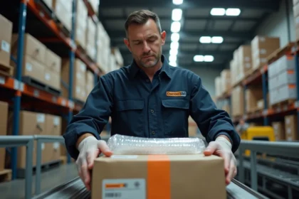 Agent logistique Mondial Relay emballant un colis fragile avec soin dans un entrepôt de tri sécurisé