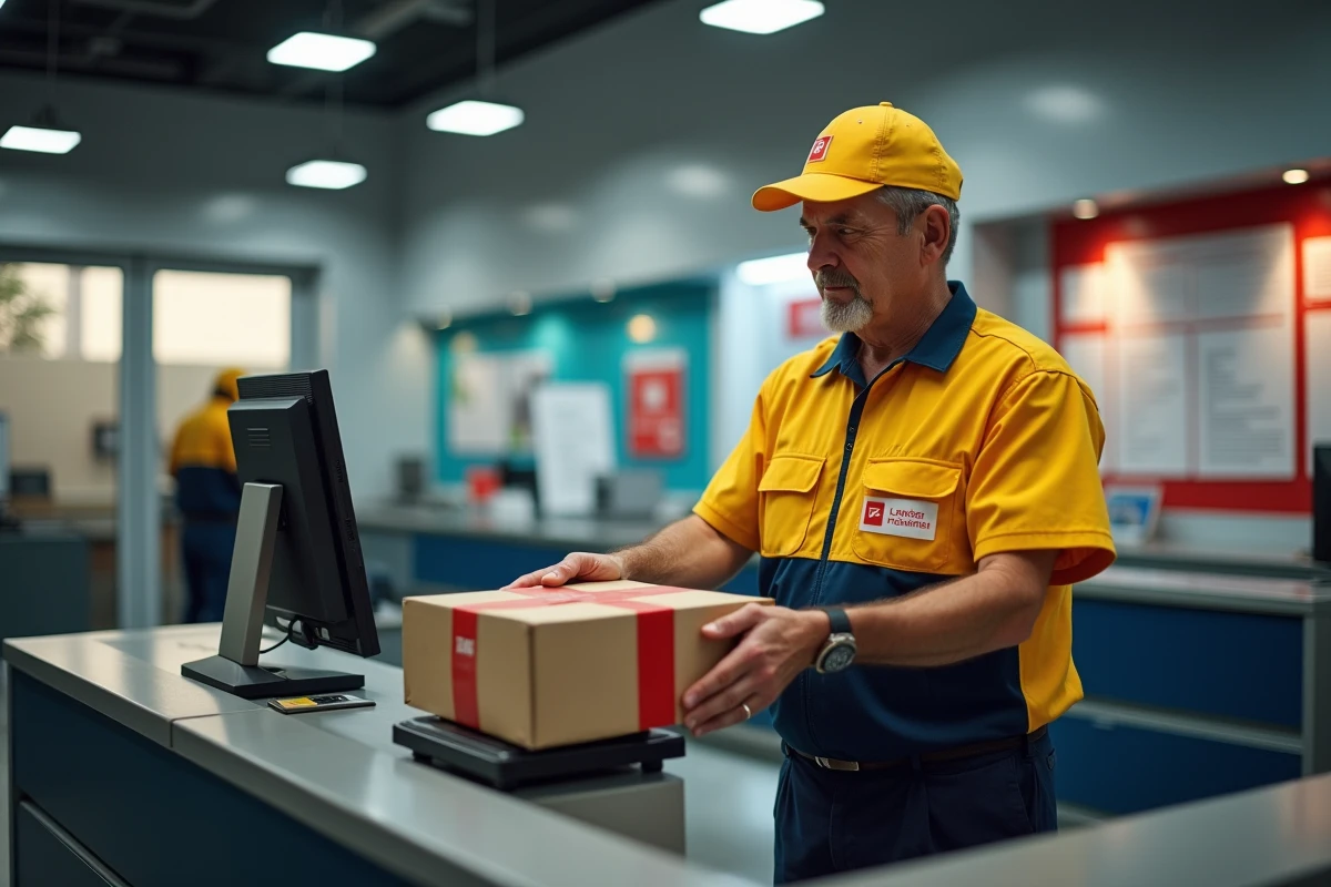 Agent La Poste scannant un colis sur une balance au guichet d'un bureau de poste en France