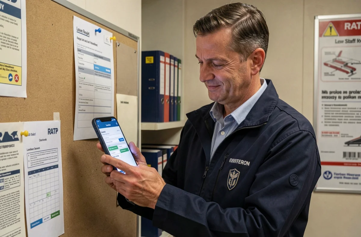 Agent RATP en uniforme gérant une demande de congés sur smartphone dans une salle du personnel