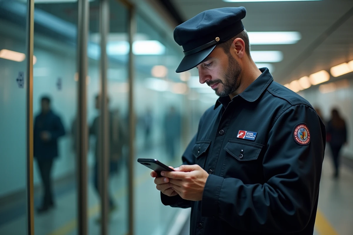 Agent RATP consultant l'application Urban Group connexion depuis une entrée de station de métro