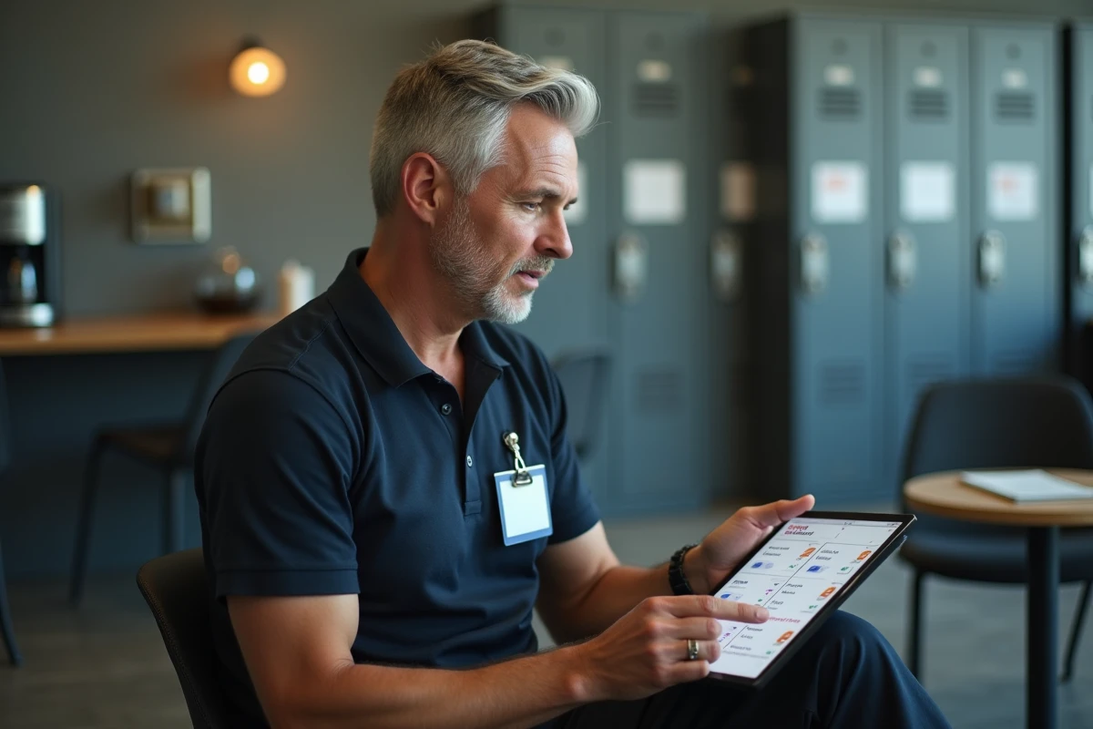 Agent au sol Air France consultant et modifiant ses informations personnelles RH sur une tablette dans la salle de pause du personnel