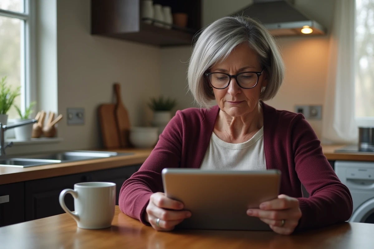 Agente La Poste consultant la Box RH sur tablette depuis son domicile