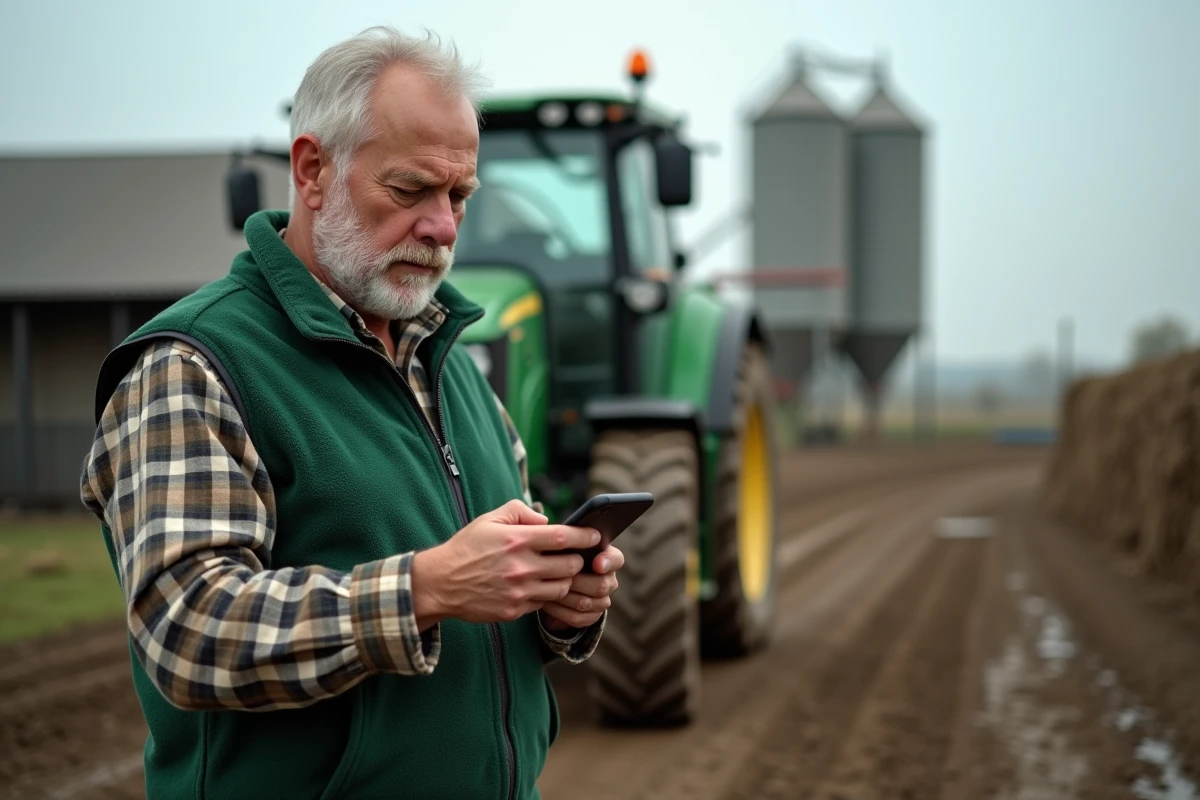 Agriculteur consultant son espace Terciel Terrena sur smartphone dans une cour de ferme rurale