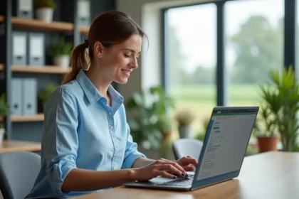 Agricultrice utilisant le portail Terciel mon compte sur un ordinateur portable dans un bureau coopératif agricole