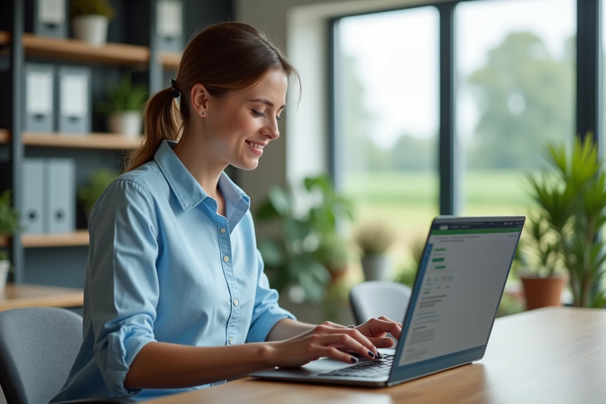 Agricultrice utilisant le portail Terciel mon compte sur un ordinateur portable dans un bureau coopératif agricole