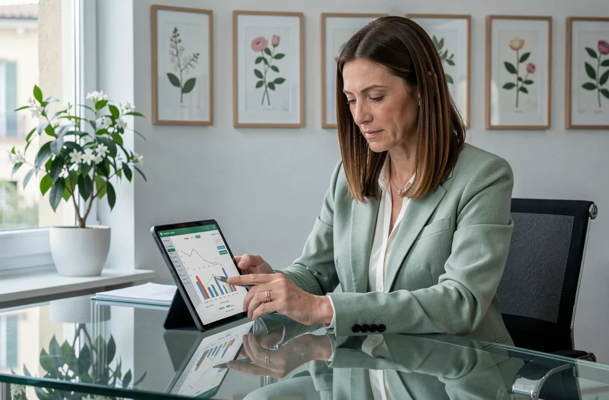 Consultante de l'agence digitale Akylia à Grasse analysant des données de campagne numérique sur une tablette