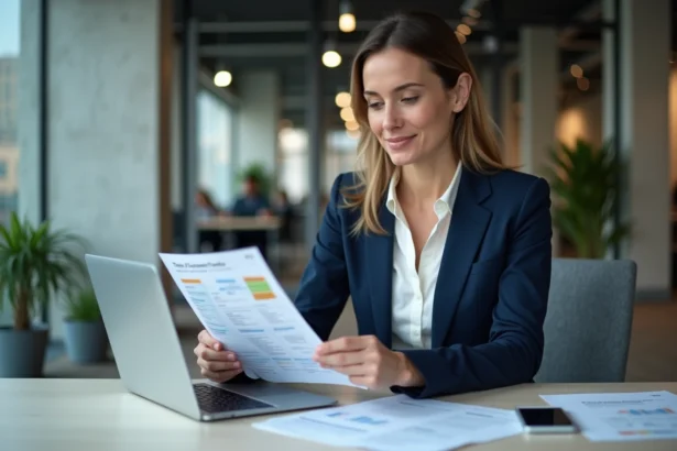 Professionnelle analysant des avis clients et des tarifs sur un logiciel de prospection commerciale dans un bureau moderne