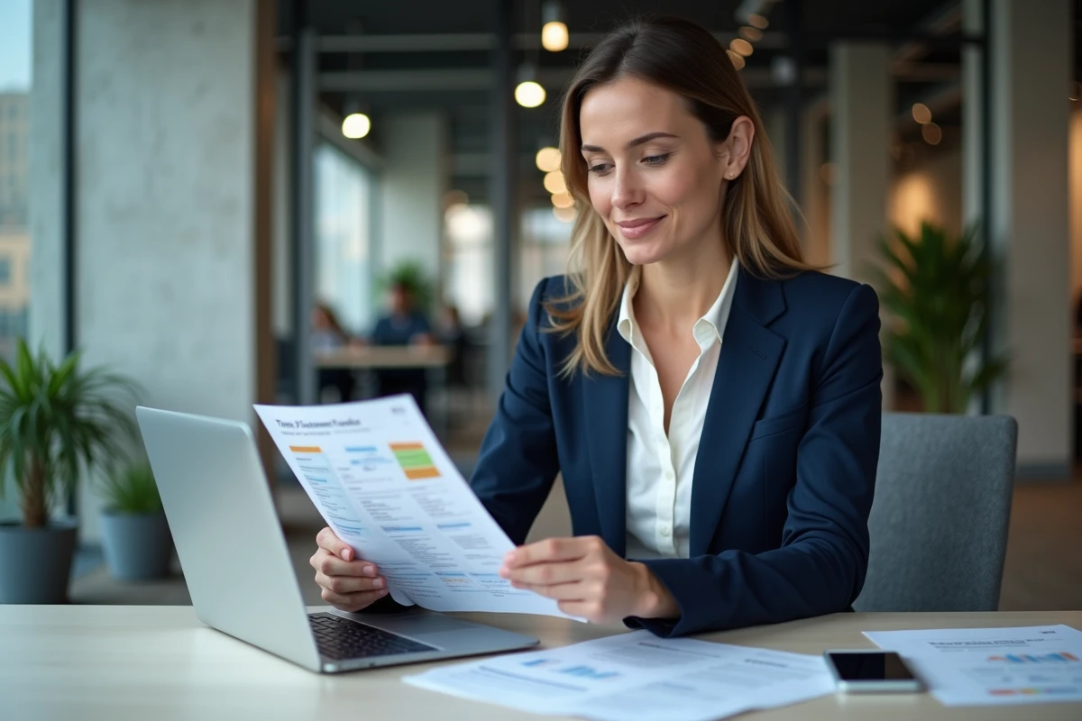 Professionnelle analysant des avis clients et des tarifs sur un logiciel de prospection commerciale dans un bureau moderne
