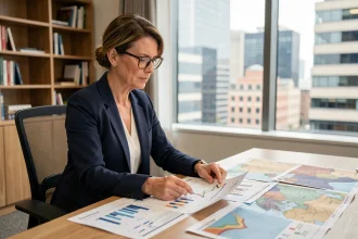 Femme cadre analysant des indicateurs économiques territoriaux sur des cartes et graphiques imprimés dans un bureau moderne
