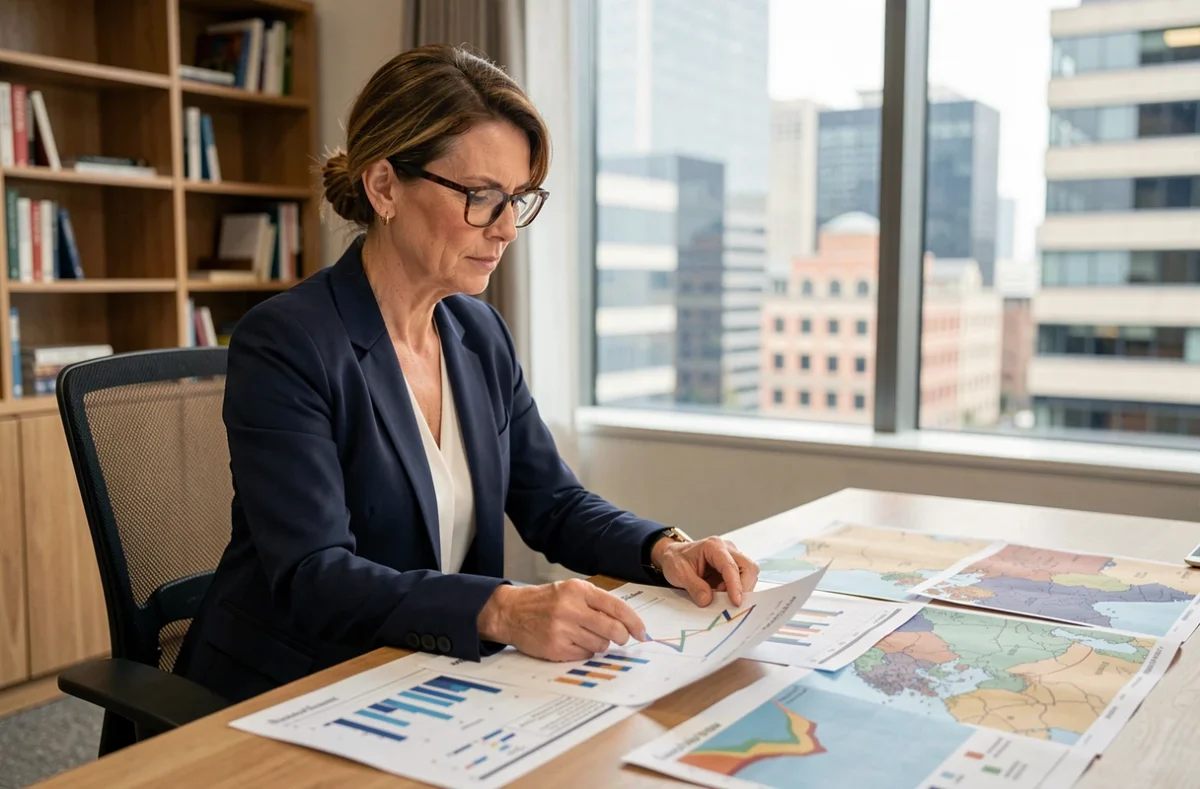 Femme cadre analysant des indicateurs économiques territoriaux sur des cartes et graphiques imprimés dans un bureau moderne