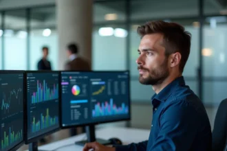 Analyste de données masculin consultant des tableaux de bord Power BI en temps réel sur des écrans doubles dans un bureau moderne