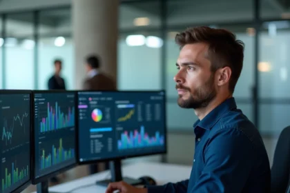 Analyste de données masculin consultant des tableaux de bord Power BI en temps réel sur des écrans doubles dans un bureau moderne