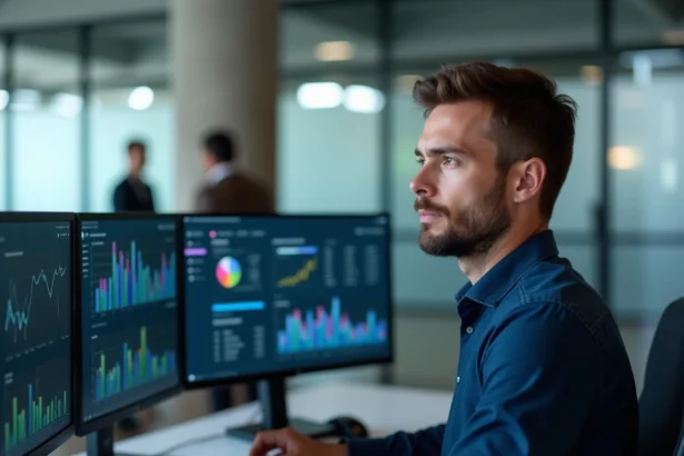 Analyste de données masculin consultant des tableaux de bord Power BI en temps réel sur des écrans doubles dans un bureau moderne