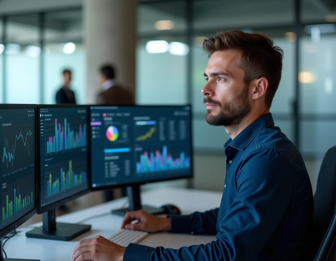 Analyste de données masculin consultant des tableaux de bord Power BI en temps réel sur des écrans doubles dans un bureau moderne
