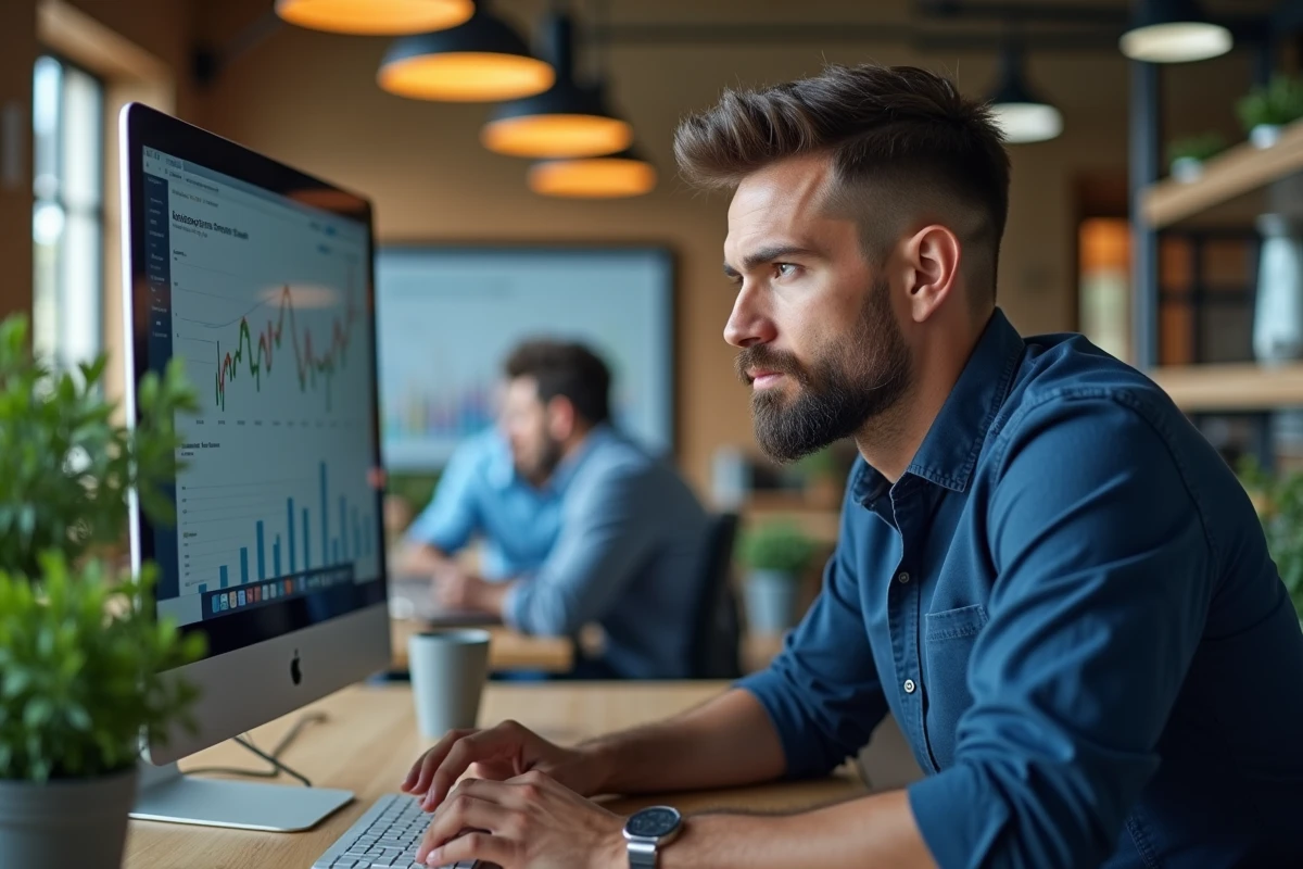 Professionnel du marketing digital analysant des données de recherche SEO et de requêtes suspectes sur un écran d'ordinateur en open space