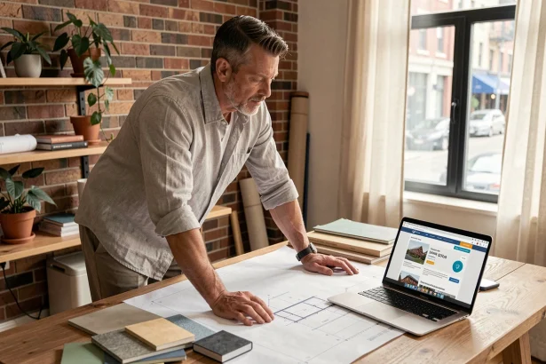 Architecte consultant un devis de construction en ligne sur son bureau recouvert de plans et d'échantillons de matériaux