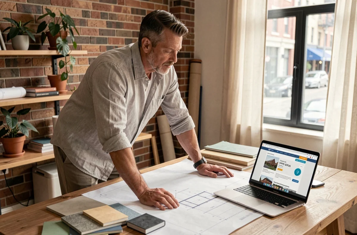Architecte consultant un devis de construction en ligne sur son bureau recouvert de plans et d'échantillons de matériaux