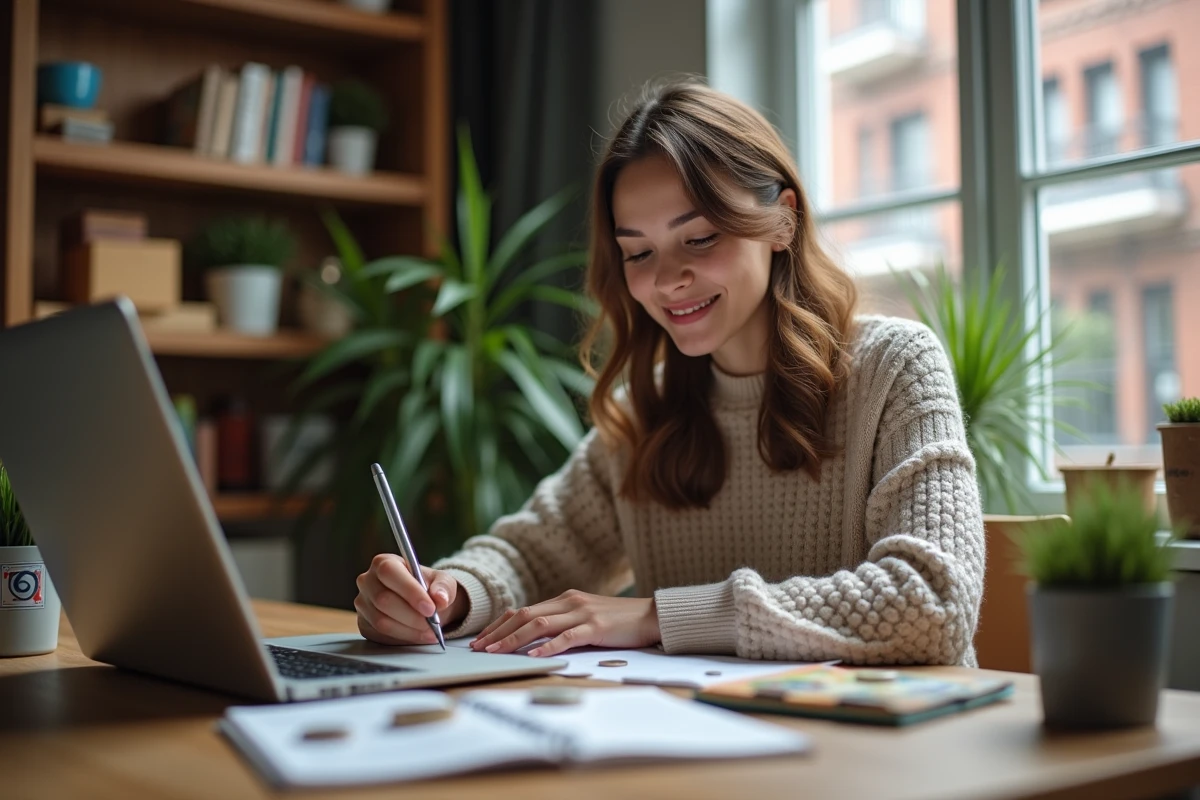 Femme travaillant depuis chez elle pour arrondir ses fins de mois avec un ordinateur portable et des billets sur son bureau