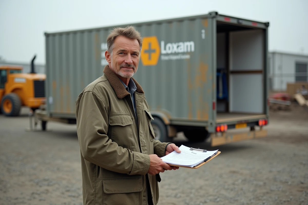 Artisan auto-entrepreneur sur un chantier avec une remorque de location Loxam et une carte de visite professionnelle visible