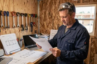 Artisan du bâtiment en veste de travail analysant un devis client sur un chantier de construction