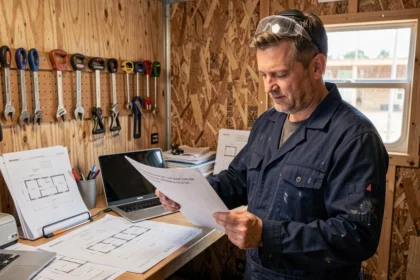 Artisan du bâtiment en veste de travail analysant un devis client sur un chantier de construction