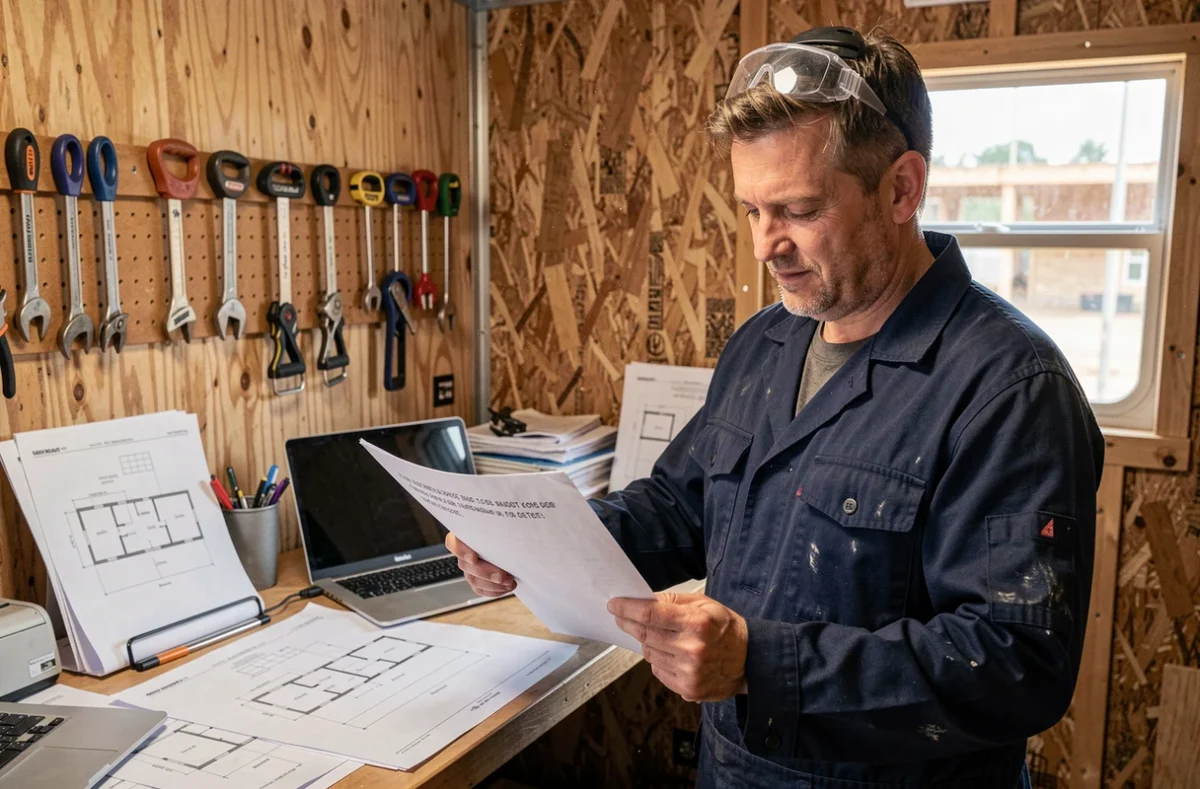 Artisan du bâtiment en veste de travail analysant un devis client sur un chantier de construction