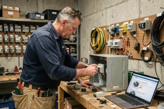Artisan électricien examinant du matériel électrique sur un établi en bois avec un ordinateur ouvert sur une boutique en ligne