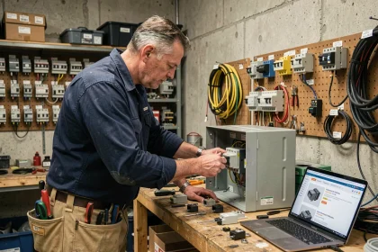 Artisan électricien examinant du matériel électrique sur un établi en bois avec un ordinateur ouvert sur une boutique en ligne