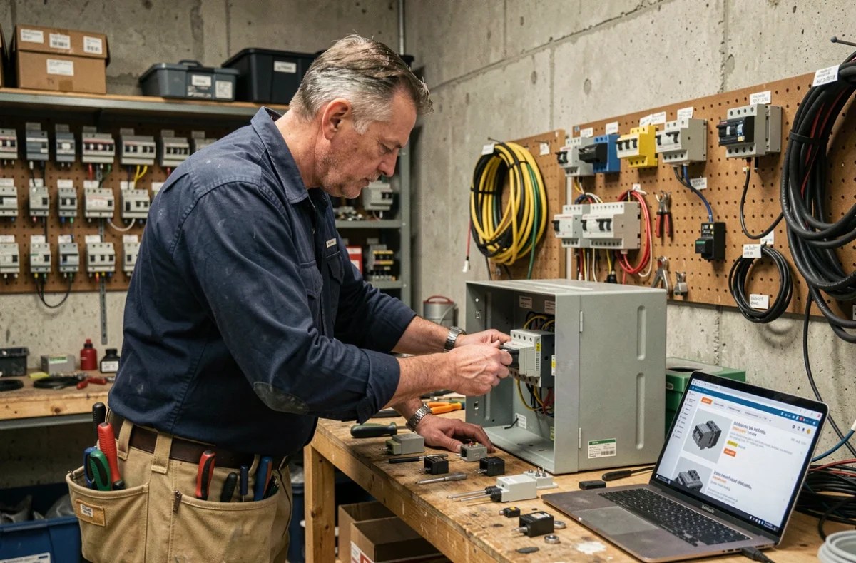 Artisan électricien examinant du matériel électrique sur un établi en bois avec un ordinateur ouvert sur une boutique en ligne