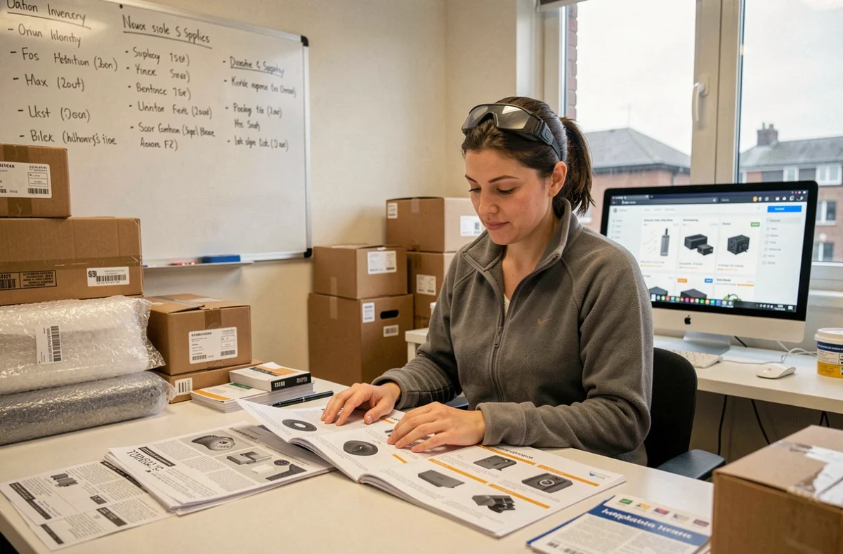 Femme artisane préparant des commandes de matériel électrique pour la vente en ligne depuis son bureau à domicile