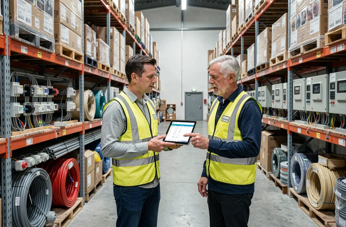 Deux artisans en entrepôt de matériel électrique consultant une interface de gestion de stock en ligne sur tablette