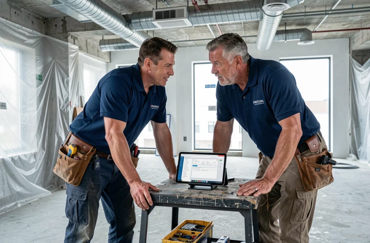 Deux artisans du bâtiment consultant une application de gestion de chantier sur tablette dans un espace commercial en rénovation