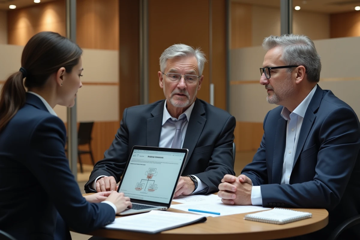 Deux associés discutant de la structure de rémunération en holding avec un conseiller fiscal autour de documents fiscaux et d'un ordinateur portable