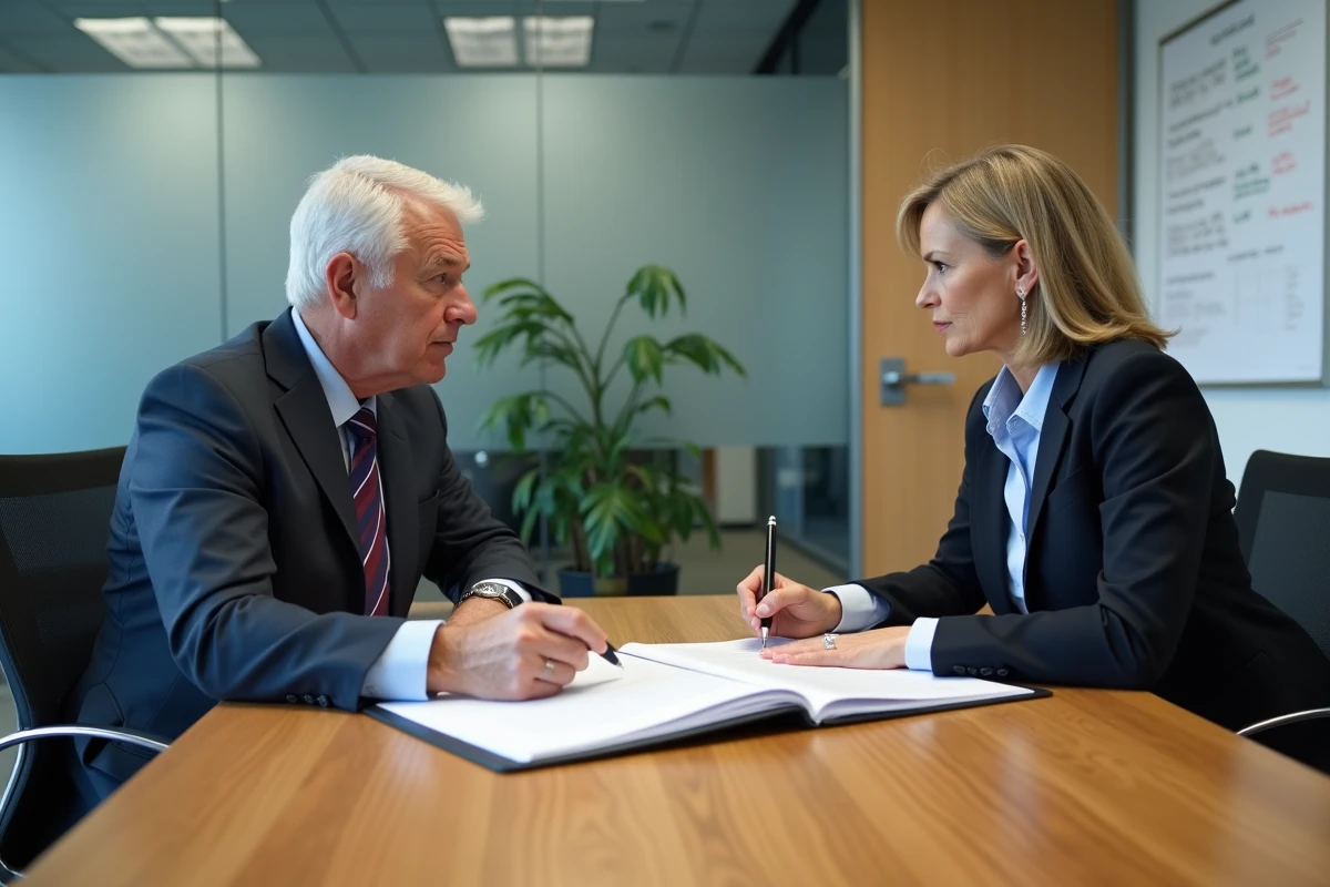 Deux associés de PME analysant ensemble un dossier d'assurance professionnelle lors d'une réunion en salle de conférence