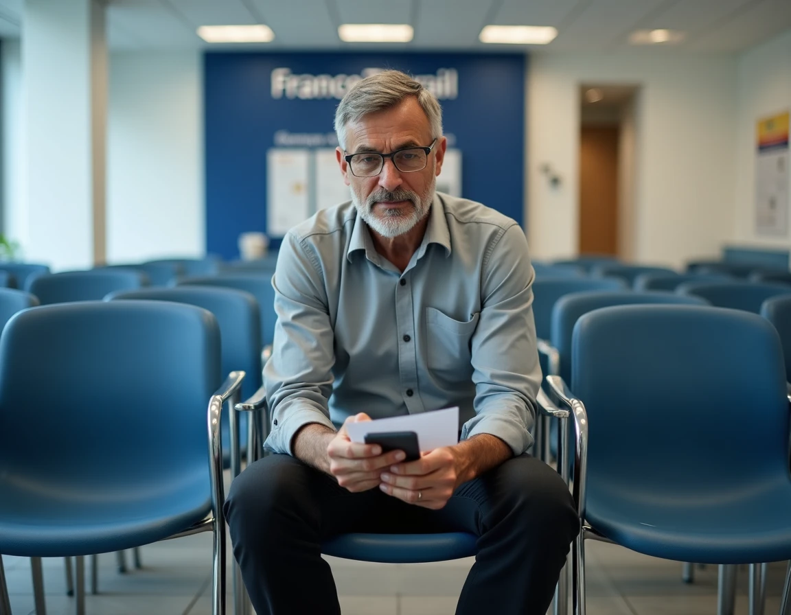 Homme qui attend son rendez-vous France Travail dans une salle d'attente d'agence pour l'emploi