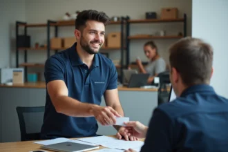 Auto-entrepreneur remettant sa carte de visite professionnelle au comptoir d'une agence de location d'équipement Loxam