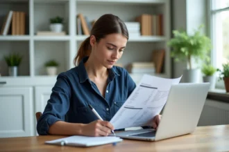 Auto-entrepreneuse calculant ses charges et cotisations sociales sur son bureau à domicile