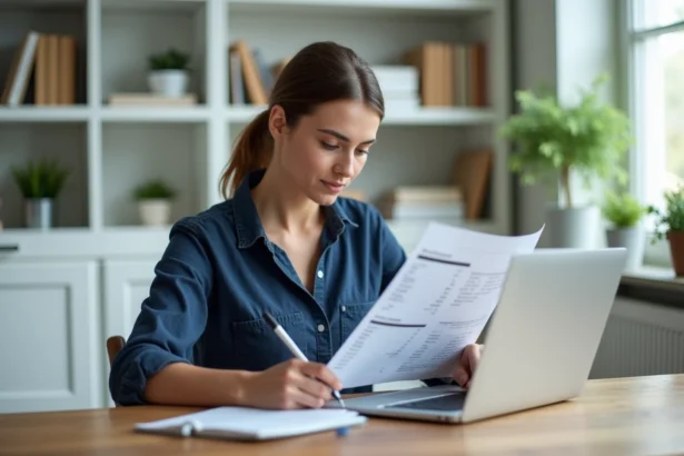 Auto-entrepreneuse calculant ses charges et cotisations sociales sur son bureau à domicile