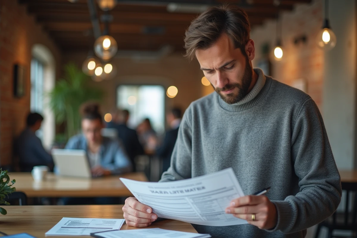 Auto-entrepreneur examinant sa déclaration de cotisations sociales dans un espace de coworking