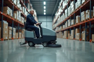 Agent d'entretien utilisant une autolaveuse autoportée Speed Scrub Rider dans un entrepôt commercial