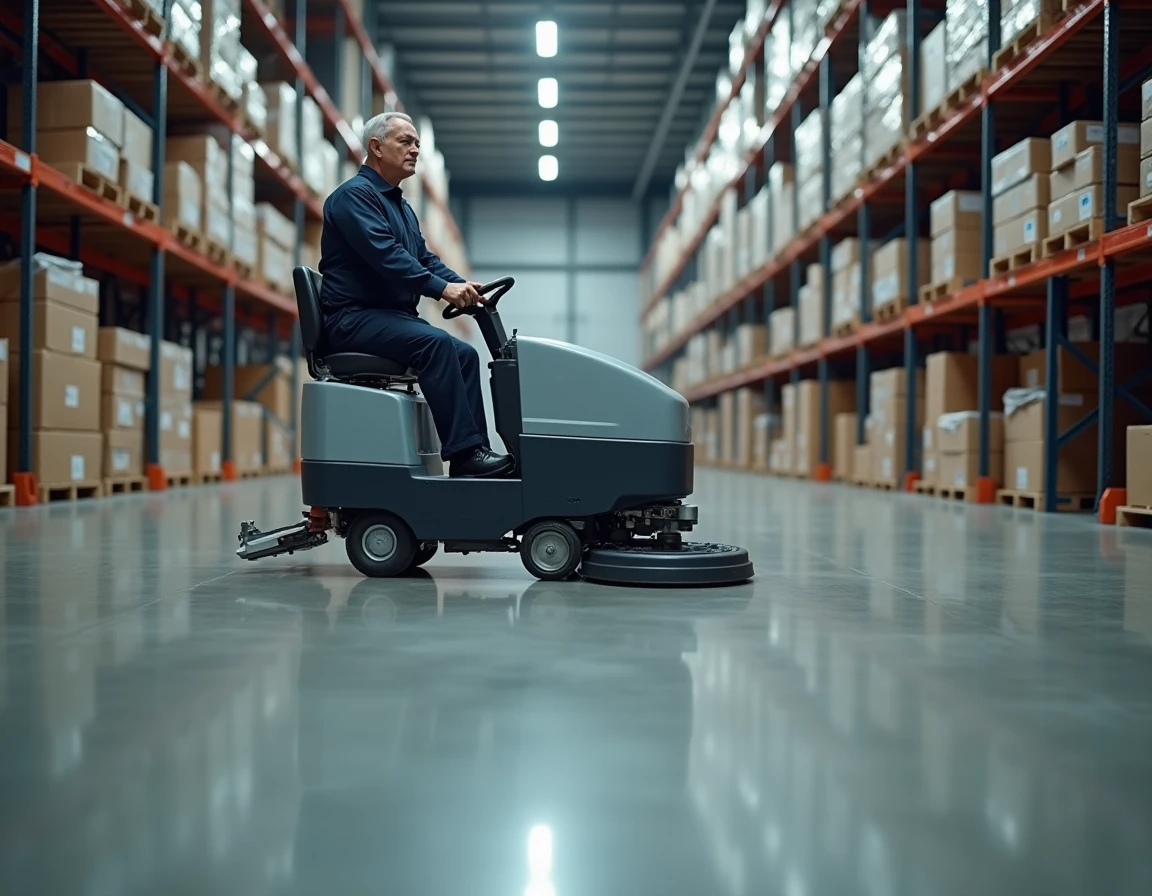 Agent d'entretien utilisant une autolaveuse autoportée Speed Scrub Rider dans un entrepôt commercial