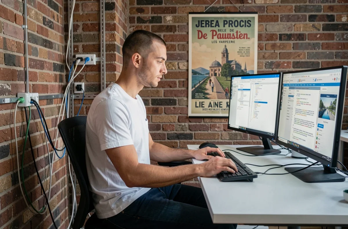 Développeur web de l'agence bluedrop.fr à Marseille codant sur deux écrans dans un studio au mur de briques apparentes