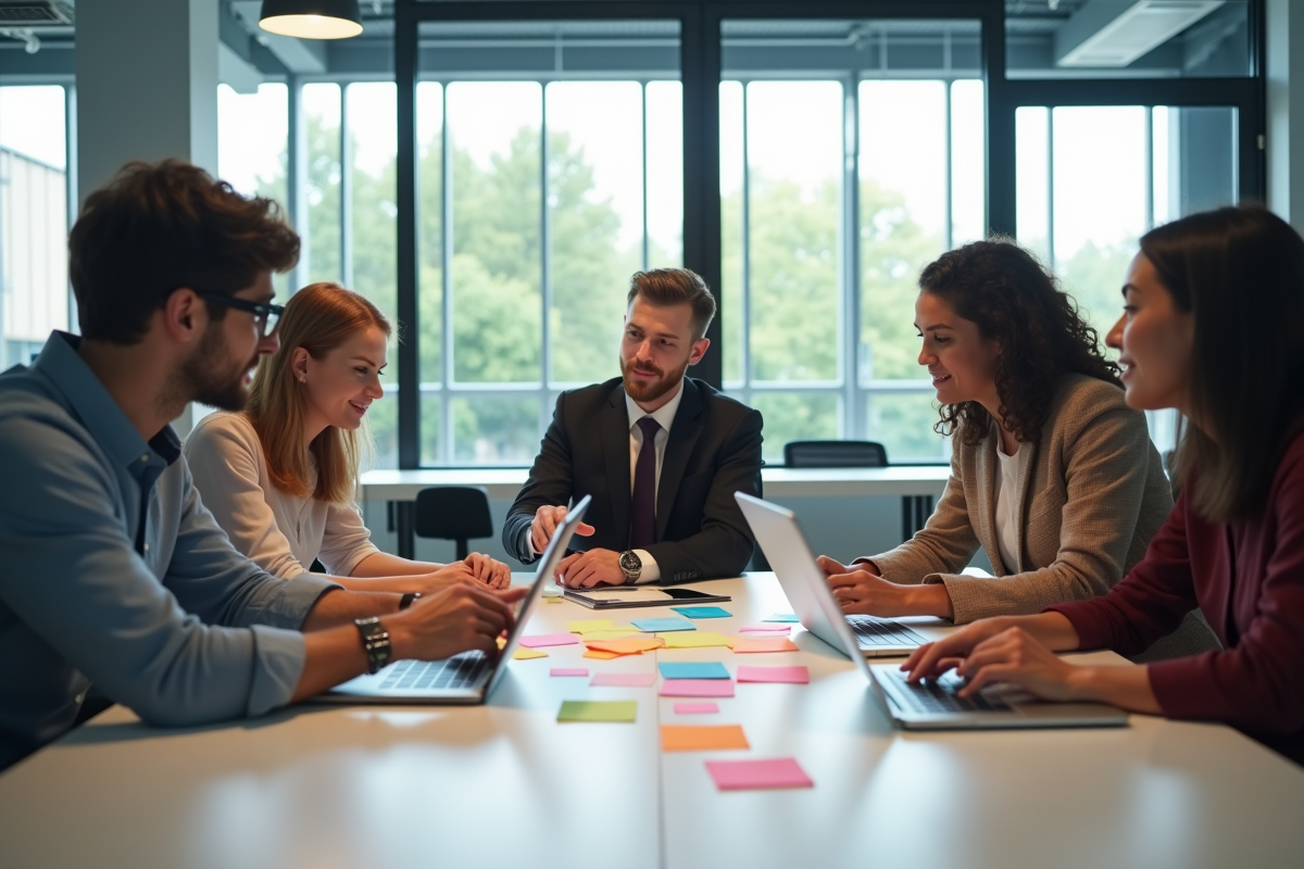 Session de brainstorming avec trois professionnels dans un espace de coworking lumineux